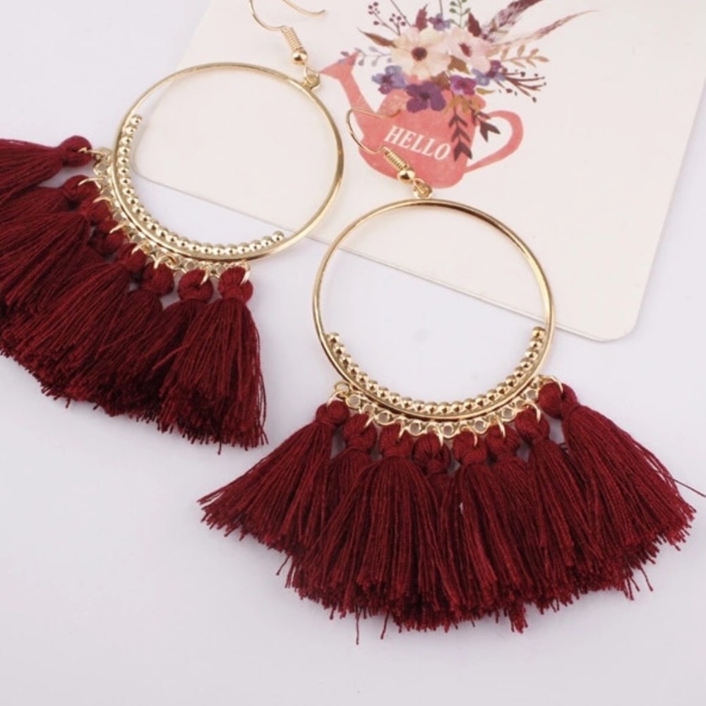 Boho Wine & Gold Fringe Tassel Earrings